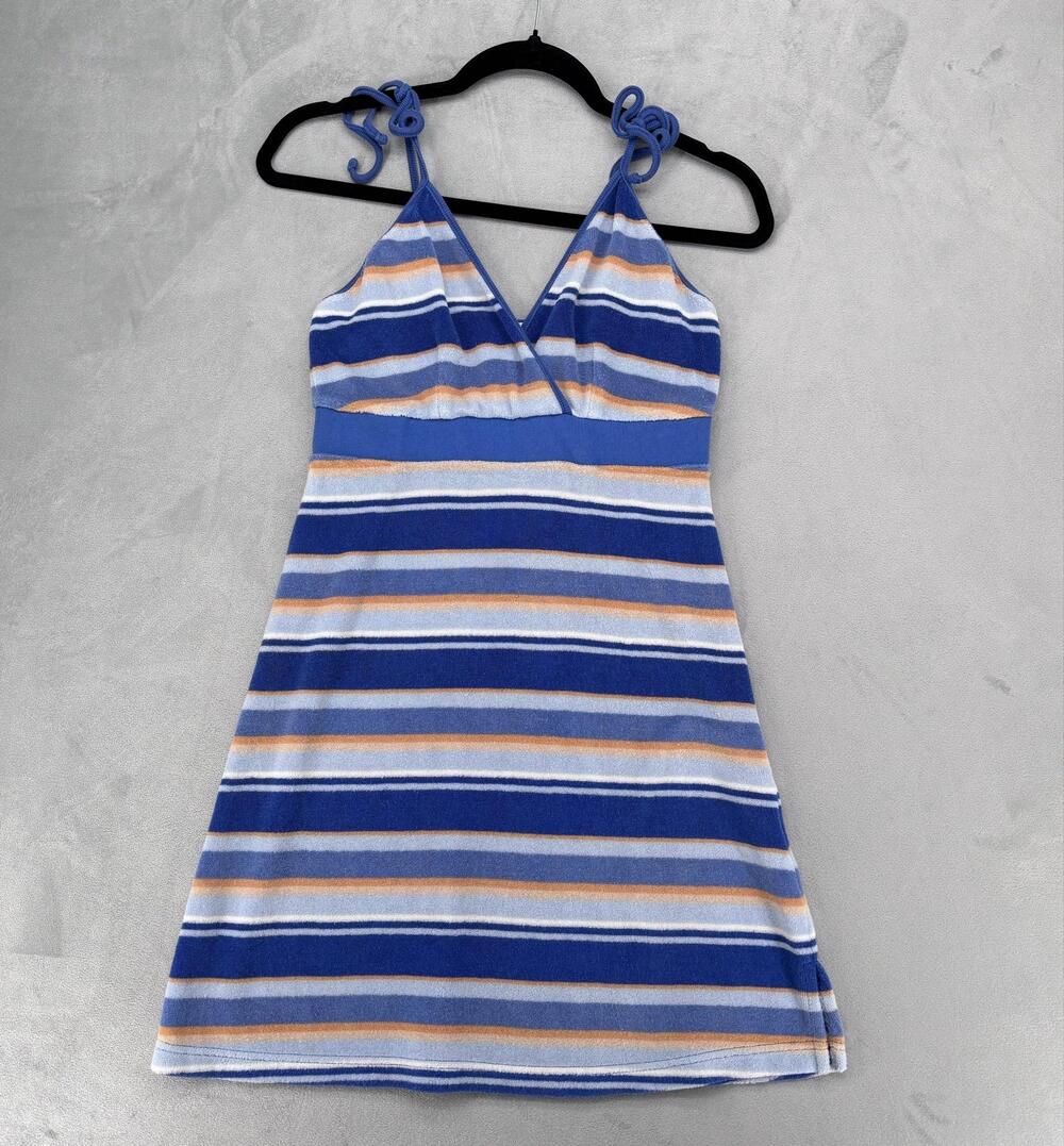Y2K Rocawear Dress Womens M Blue Striped Terry Sundress Tank Dress V-Neck VTG